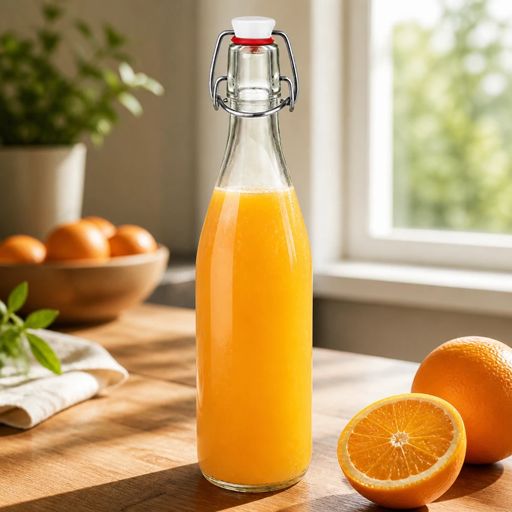 Bouteille en verre de 500 ml + bouchon mécanique en porcelaine UN.. Bouteille en verre de 500ml avec bouchon à étrier remplie de jus d'orange sur une planche en bois à côté d'oranges fraîches dans la cuisine