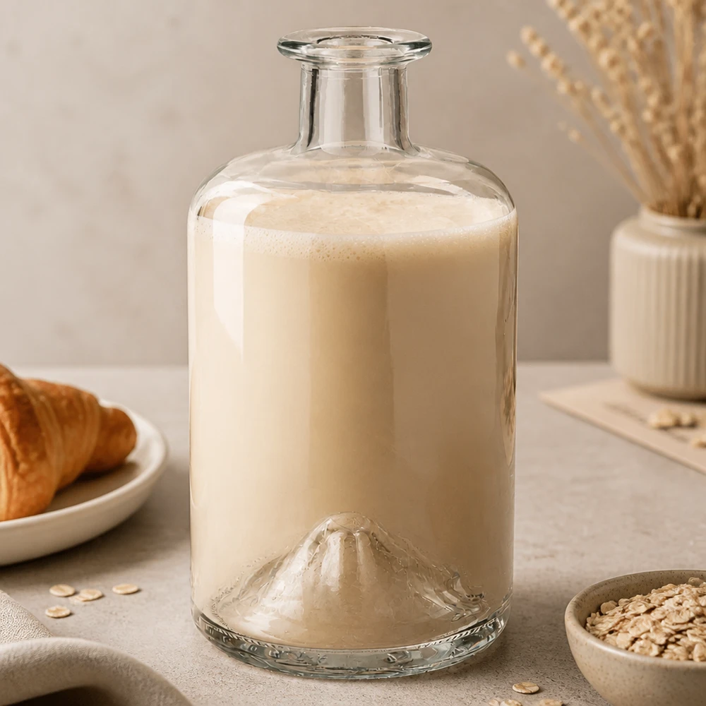 Flacon à pharmacie « 500ml Glasflasche "Sofia" ohne Verschluss UNiTWIST » 500 ml sans bouchon UNiTWIST® Bouteille de pharmacie Sofia de 500ml remplie de lait d'avoine Lifestyle Photographie de produit cuisine verre transparent vide