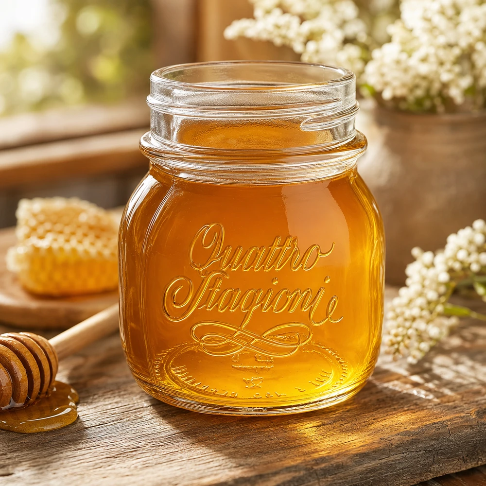 Verre de ménage Quattro Stagioni de 150 ml rempli de miel sur table rustique en bois avec nid d'abeilles et fleurs