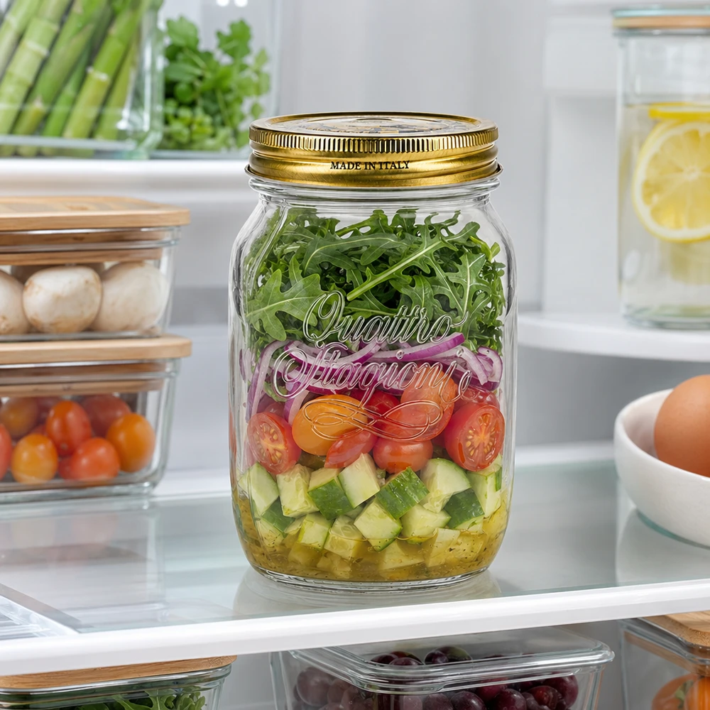 Verre rond 1000ml « Quattro Stagioni » avec couvercle Quattro Stagioni 1000ml bocal à couches de salade de légumes Arugula dans le réfrigérateur bocal italien