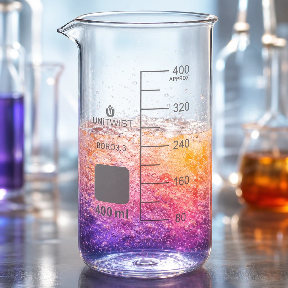 Bécher 400ml borosilicate, forme haute UNITWIST UNITWIST, bécher en verre de 400 ml, forme haute, avec échelle graduée en ml visible jusqu'à 400 et contenu réactif