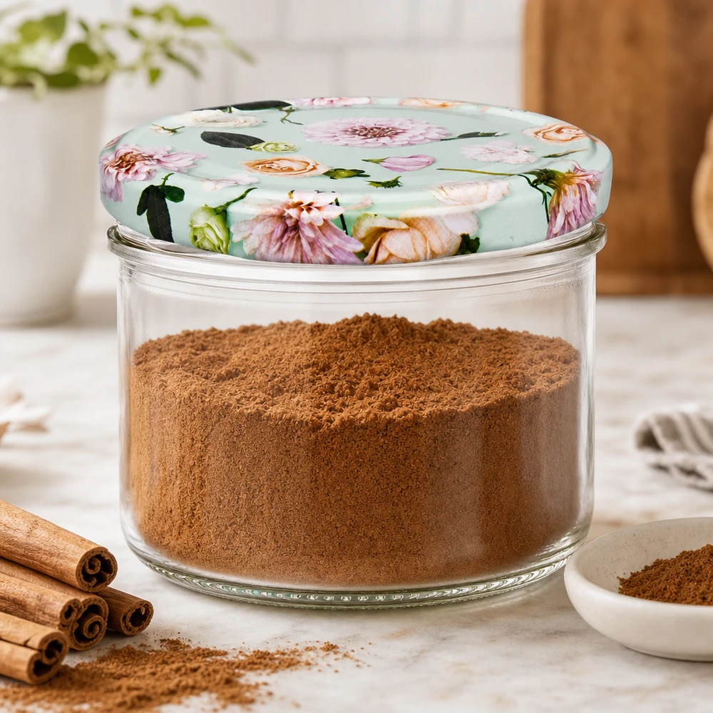 Pot cylindrique de 230 ml + couvercle BasicSeal en forme de fleur de menthe Pot de conservation 230ml rempli de cannelle et couvercle BasicSeal menthe fleuri - rangement pratique pour la cuisine