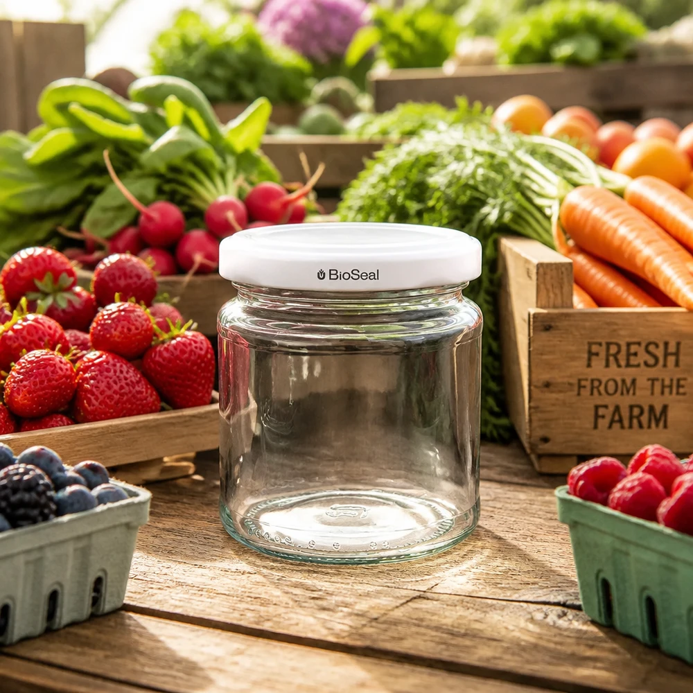 212ml Verre rond avec couvercle BioSeal blanc UNiTWIST UNiTWIST Runda212 Pot de conservation parmi des fruits et légumes frais sur une table en bois rustique style marché fermier