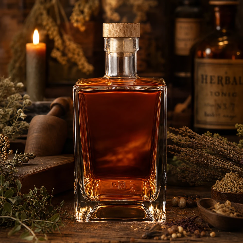Bouteille en verre 700 ml « Ben » avec bouchon en bois UNiTWIST® Bouteille en verre de 700ml Ben remplie de whisky bougie rustique aux herbes ambiance brune spiritueux bouchon en bois UNiTWIST