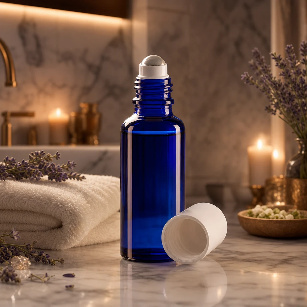 Flacon de pharmacie bleu 30ml Roll-On bouchon blanc Flacon roll-on d'aromathérapie bleu 30 ml STD avec une bille en verre, à côté de la lavande et des bougies