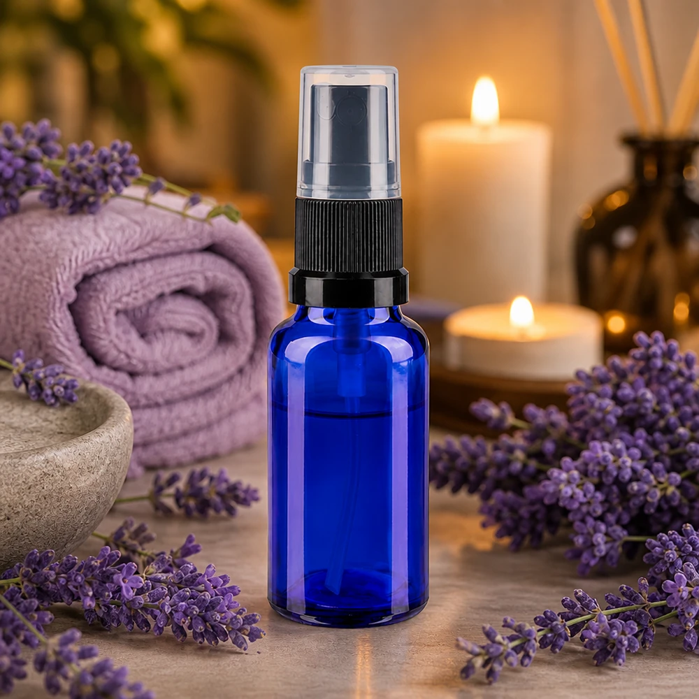 Flacon en verre bleu de 20 ml muni d'un vaporisateur, idéal pour l'eau de lavande et les soins d'aromathérapie