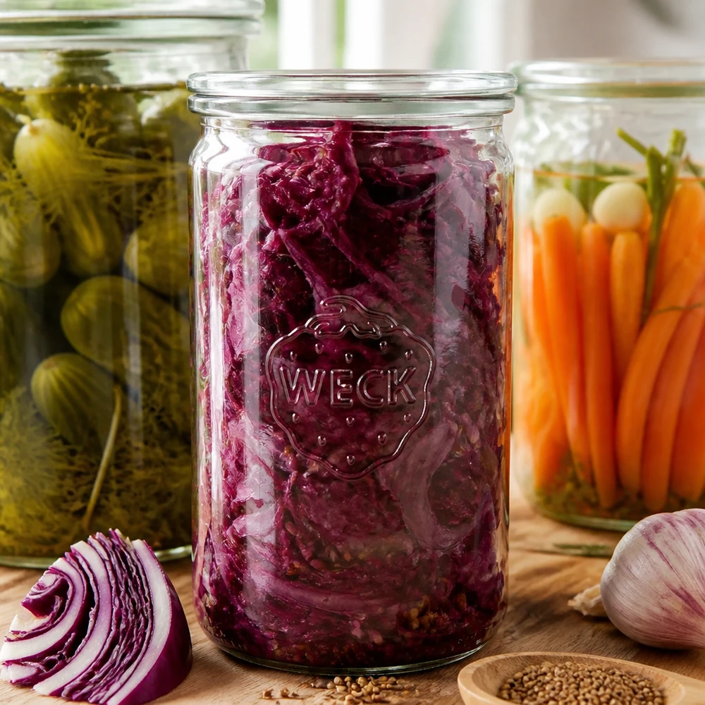 WECK Pot de conserve 1590ml RR100 avec chou rouge fermenté à côté de concombres marinés carottes sur planche en bois