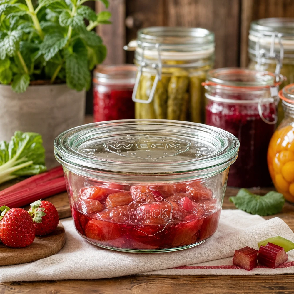 Bocal WECK RR100 de 290 ml, à bord évasé et couvercle en verre WECK Pot renversé 290ml RR100 rempli de confiture de rhubarbe et de fraises dans le garde-manger avec bocaux et ingrédients frais