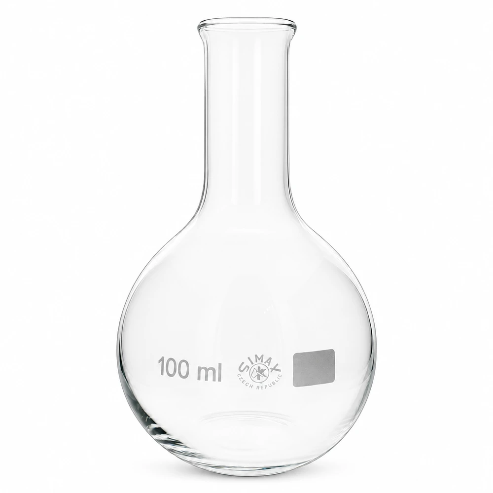 Ballon à fond plat 100 ml à col étroit, en verre borosilicate avec bord renforcé Ballon à fond plat 100ml en verre transparent avec col long et fin pour un guidage sûr de la réaction