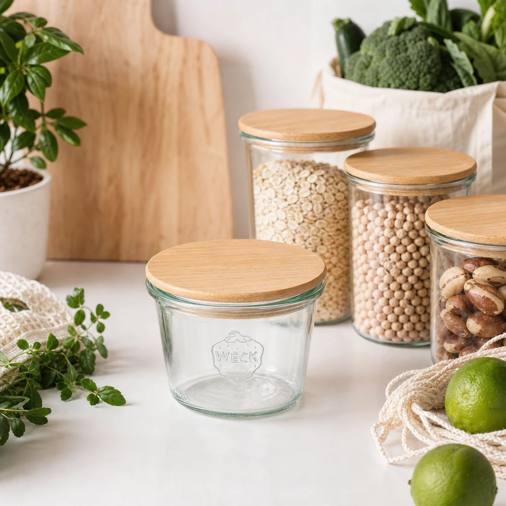 WECK RR100 Pot renversé 370ml avec couvercle en bambou dans un aménagement de cuisine durable avec des bocaux à provisions et des aliments bio
