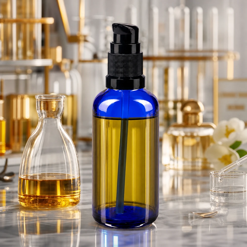 Flacon de pharmacie bleu 50ml bouchon pompe noir std Flacon-pompe haut de gamme de 50 ml en verre bleu, équipé d'une pompe STD noire, destiné aux applications de laboratoire