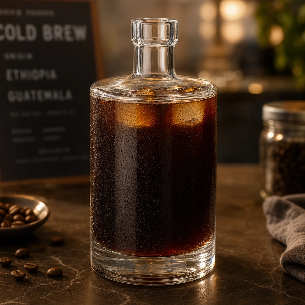 Bouteille en verre 500 ml « Marie » sans bouchon UNiTWIST® Bouteille en verre Marie de 500 ml remplie de café Cold Brew, convenant aux boissons froides et à l'ambiance café.