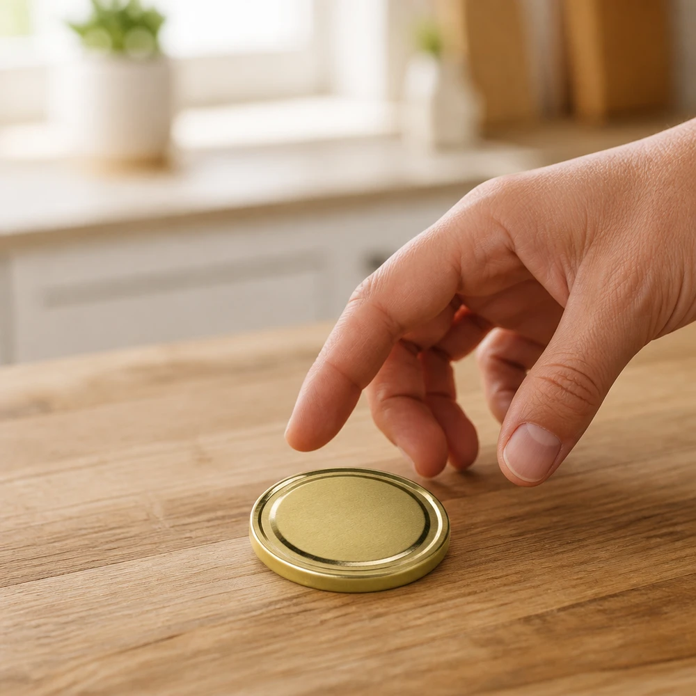 UNiTWIST TO66 or, BioSeal, sans BPA, unitemp Couvercle UNiTWIST TO66 doré en BPA-NI, avec bord ondulé et centre mat, posé sur le plan de travail de la cuisine