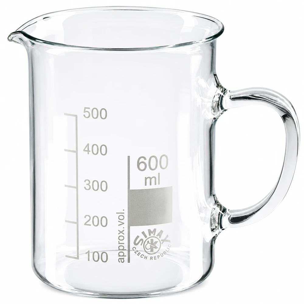 Bécher avec poignée 600ml en verre borosilicate résistant à la chaleur (forme normale) Verre doseur transparent de 600 ml avec anse, graduation de 100 à 500 ml, pour laboratoire et cuisine