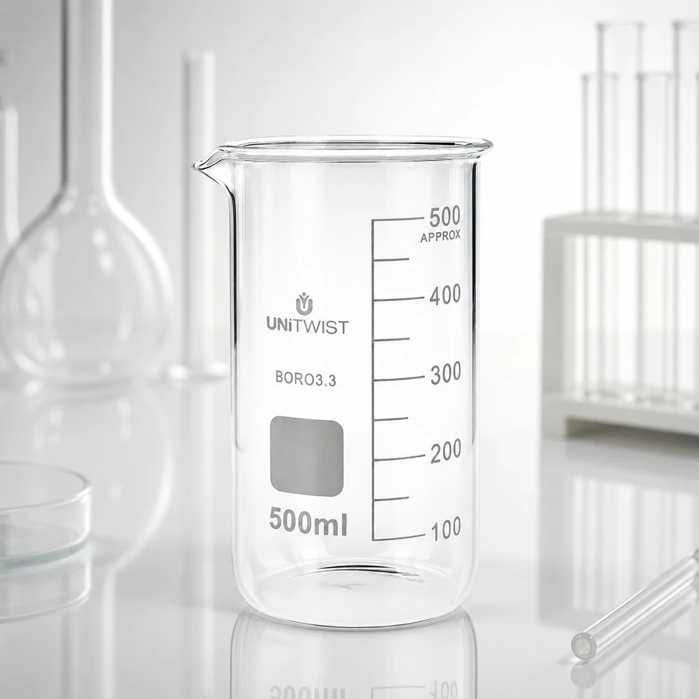 Verrerie de laboratoire UNITWIST : bécher de 500 ml, forme haute, avec graduation de 100 ml et zone d'inscription