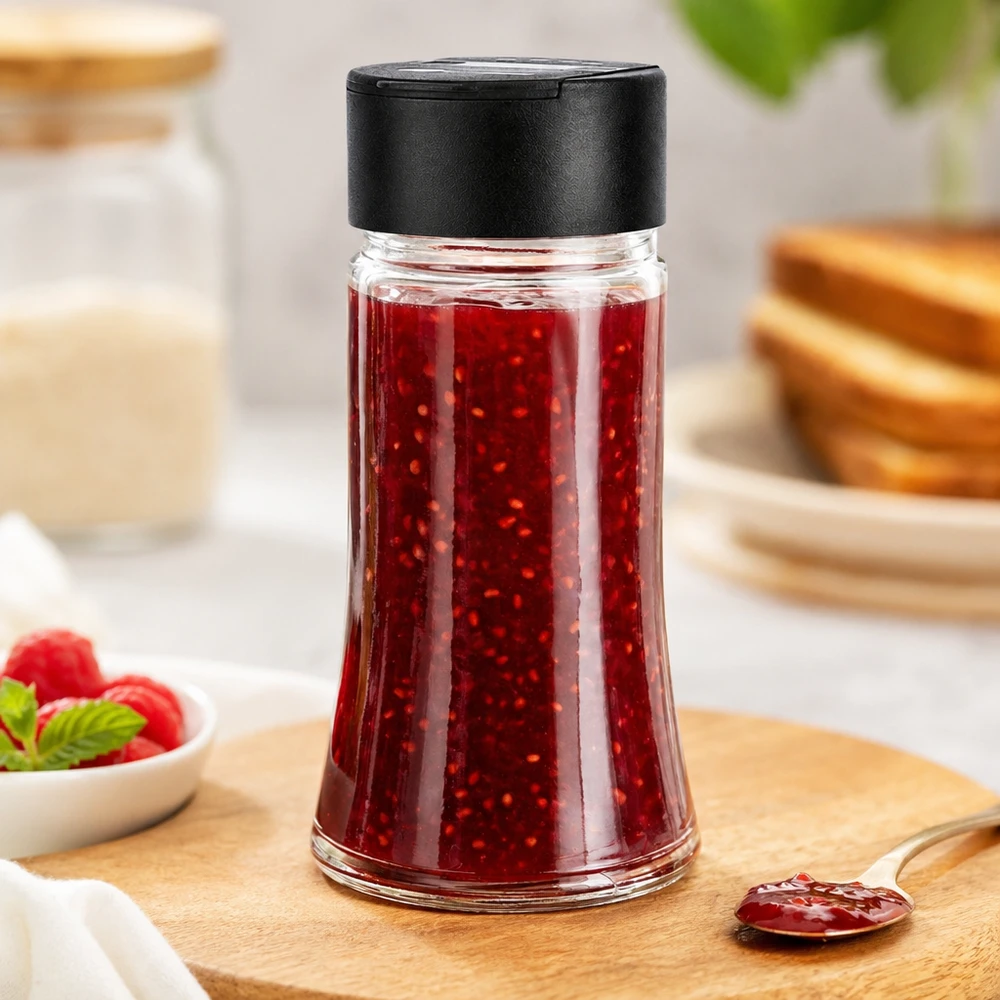 Pot à sel/épices 95 ml avec double saupoudreuse noire Petit bocal en verre de 95 ml avec couvercle à vis, rempli de confiture de fruits rouges avec des pépins