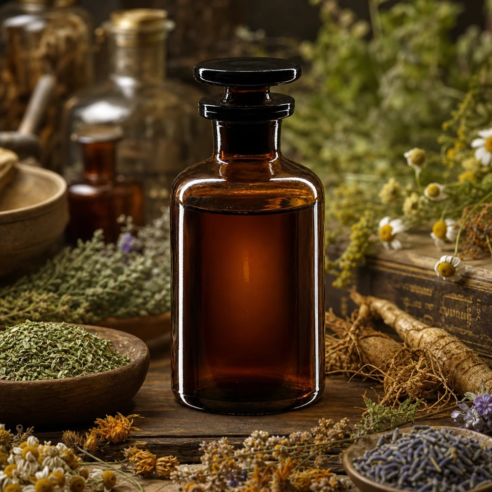 Flacon pharmaceutique 50 ml col étroit en verre ambré + bouchon Flacon médical en verre ambré de 50 ml à col étroit, muni d'un bouchon en verre, pour les remèdes naturels sensibles à la lumière