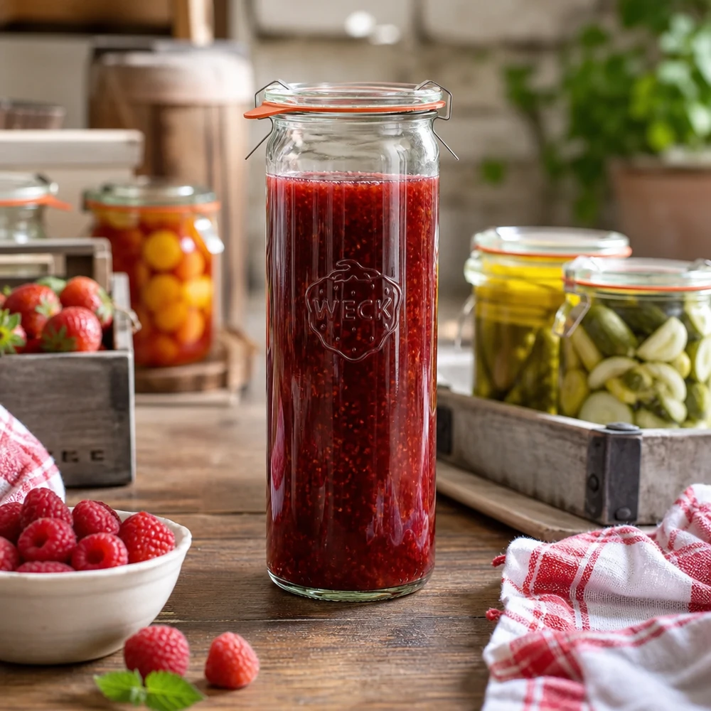 WECK Pot cylindrique 600ml RR60 dans la cuisine rempli de confiture rouge à côté de framboises fraîches et de bocaux de conservation
