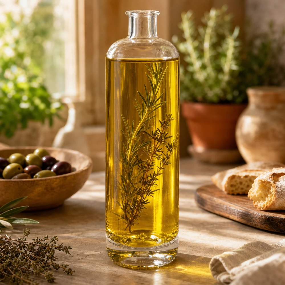 Bouteille en verre 700 ml « Ella » sans bouchon UNiTWIST® Bouteille en verre Ella de 700 ml remplie d'huile aux herbes sur une table en bois entre du pain aux olives et une décoration de cuisine méditerranéenne