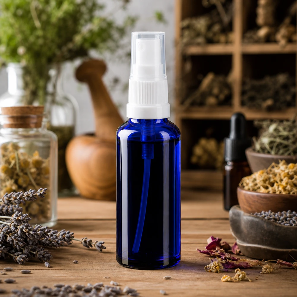 Flacon de pharmacie bleu 10ml embout spray noir Flacon de pharmacie bleu cobalt muni d'un bouchon de protection transparent, posé sur une table en bois dans l'atelier d'herboristerie