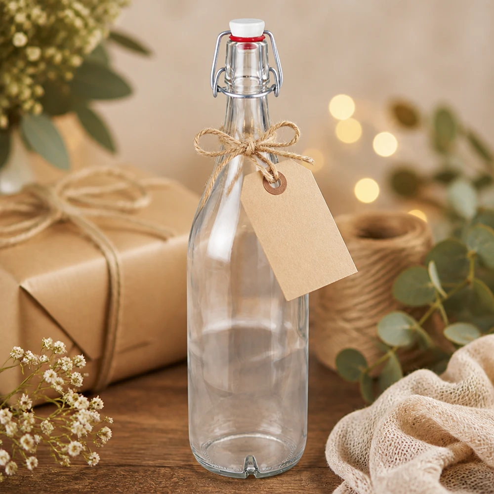 Bouteille en verre de 1000 ml + bouchon mécanique en porcelaine UN.. Bouteille en verre de 1000ml avec bouchon à étrier Porcelaine comme cadeau avec pendentif et arrangement décoratif naturel