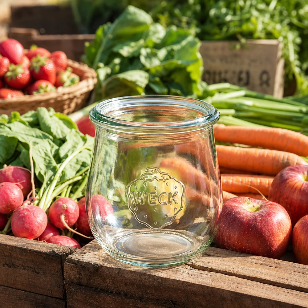 WECK Pot tulipe 220ml RR60 vide entre légumes frais fruits sur caisse bois ambiance cuisine rustique