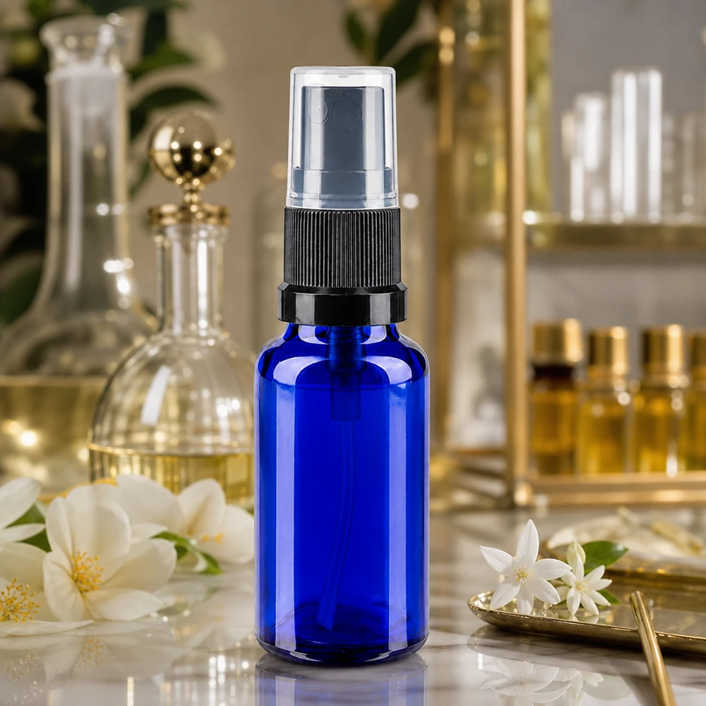 Petite bouteille en verre de 20 ml, bleu cobalt, avec atomiseur fin, pour parfums et vaporisateurs d'ambiance
