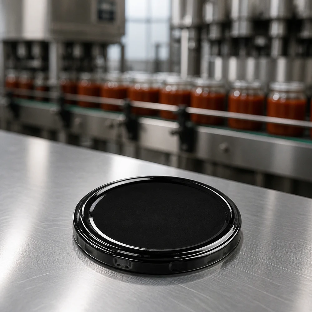 Couvercle BasicSeal TO100 noir 100 mm – Gros plan avec une ligne de remplissage de bocaux en arrière-plan