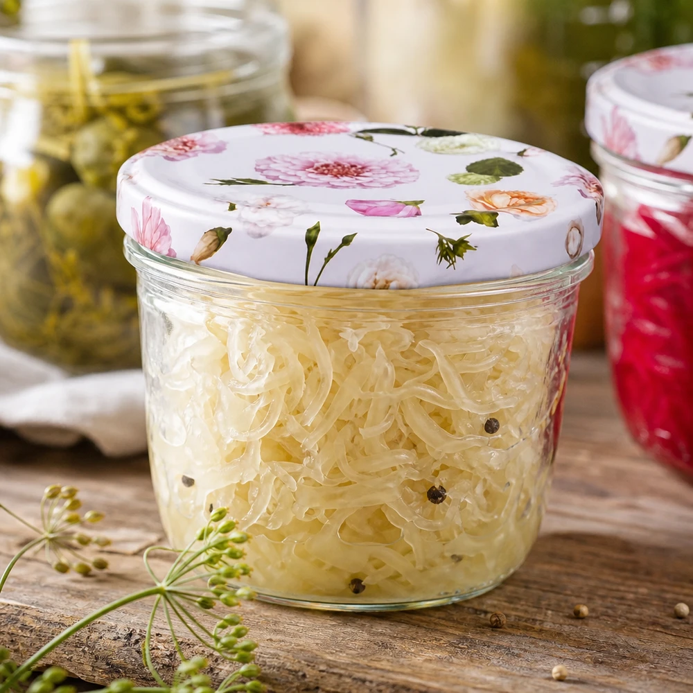 Verres 230 ml + couvercle BasicSeal rose... Choucroute en pot de 230ml BasicSeal couvercle rose fleuri aliments fermentés déco cuisine rustique