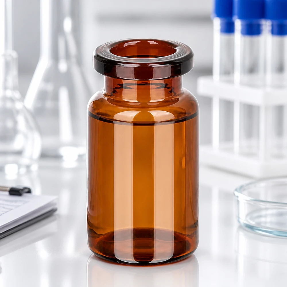 Flacon d'injection brun, 5 ml en verre étiré type I Kompakte Injektionsflasche 5ml Braunglas mit breiter Öffnung und stabilem Boden
