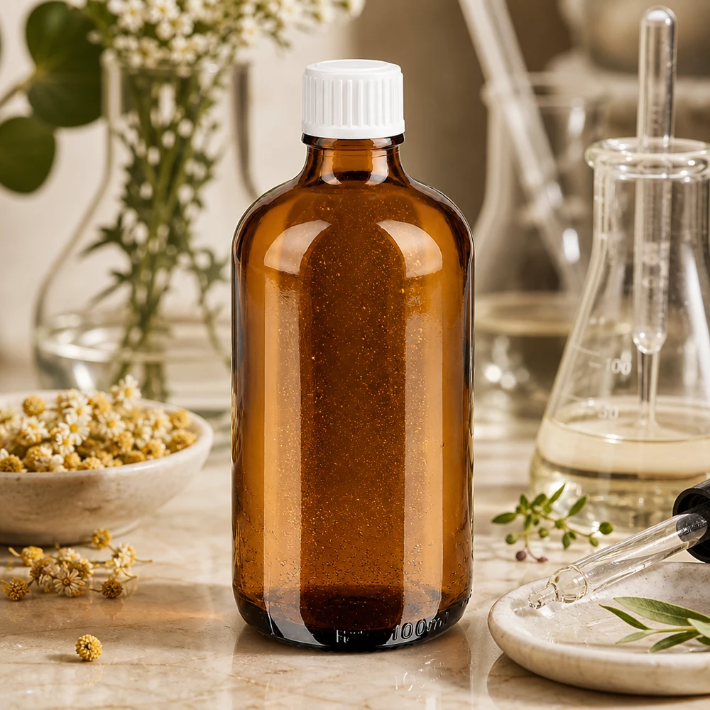 Flacon en verre de 100 ml de couleur ambrée, muni d'un bouchon blanc de 11 mm, dans un environnement dédié à la médecine naturelle