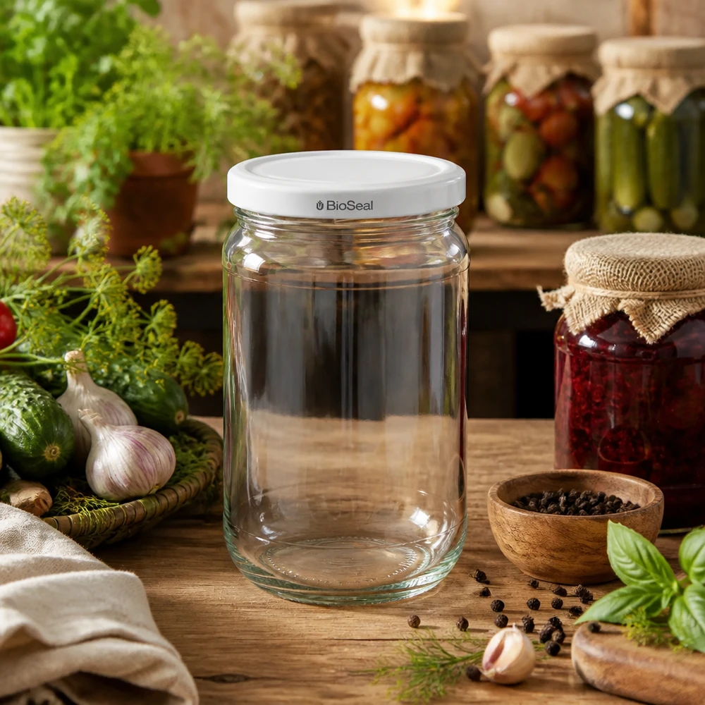 305ml Verre rond avec couvercle BioSeal blanc UNiTWIST UNiTWIST Runda305 Verre dans une cuisine rustique avec des herbes et des bocaux - polyvalent pour les provisions