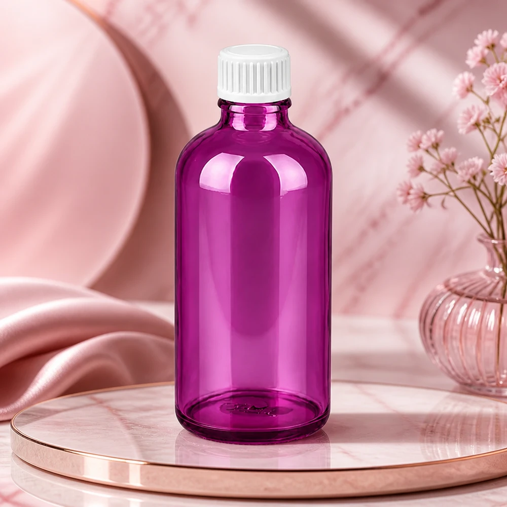 Flacon 100ml (globules) 3mm bague de coulée blanche standard PurpleLine. UT18/100 Bouteille en verre violet de 100 ml protégeant de la lumière pour les liquides et les teintures sensibles aux UV