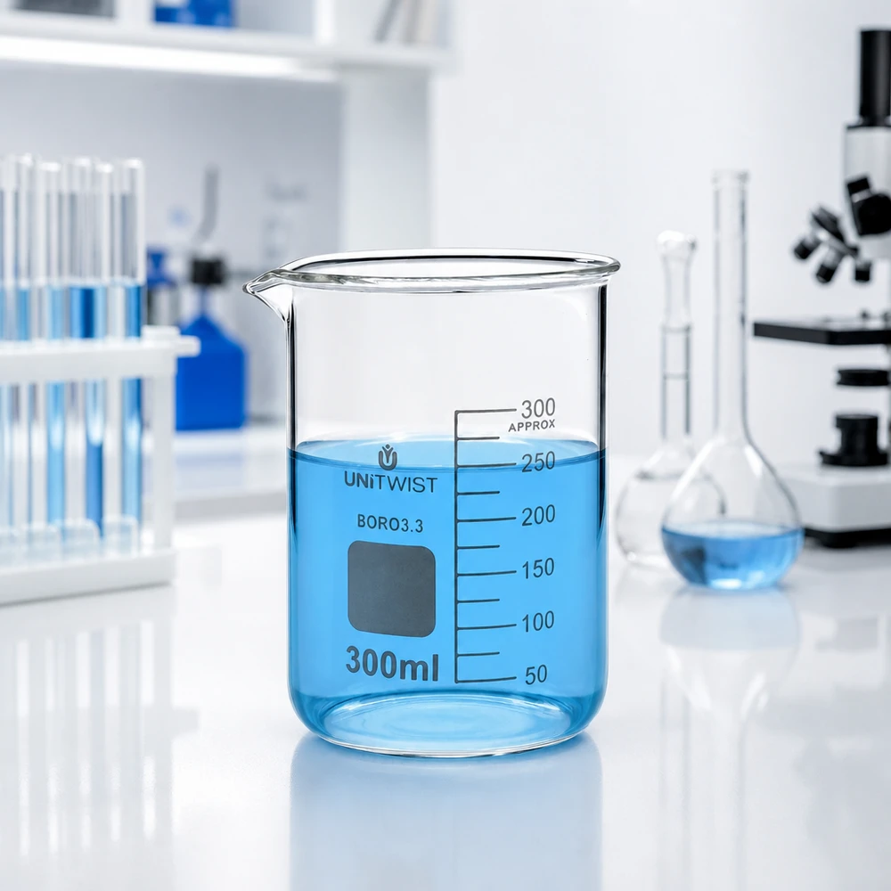 Bécher 300ml borosilicate, forme basse UNiTWIST Récipient de laboratoire en verre transparent de 300 ml, gradué, contenant un liquide bleu, à côté d'un microscope et d'un ballon