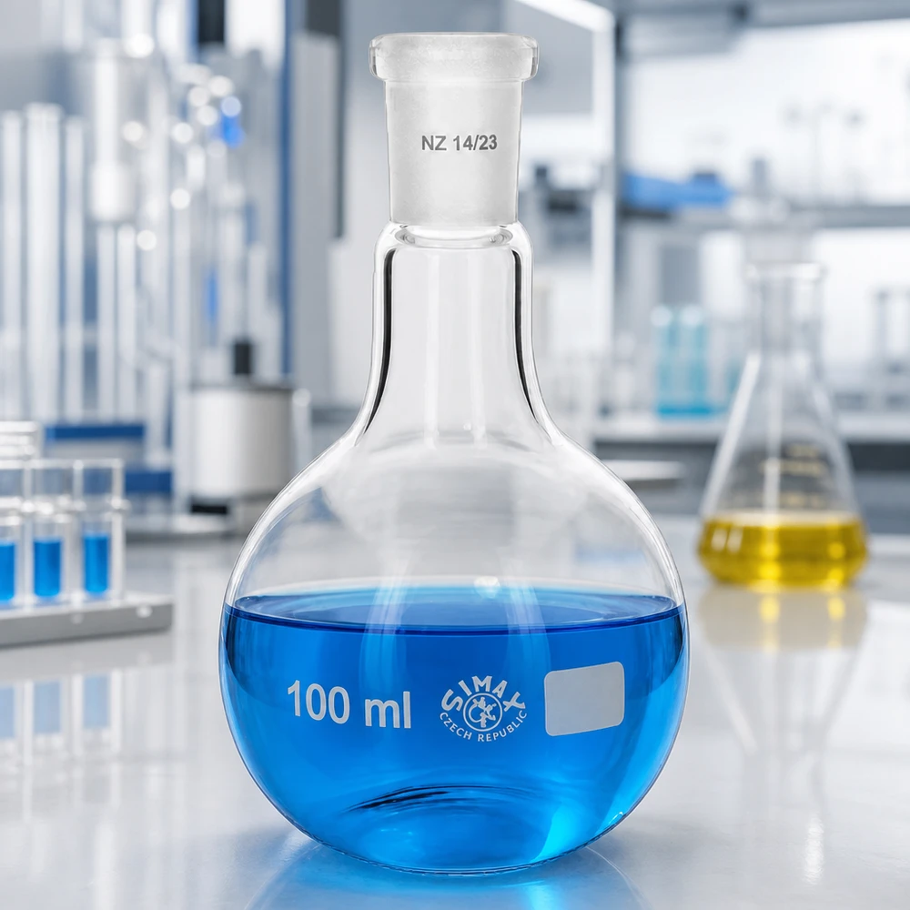 Ballon à fond plat 100 ml à col étroit, en verre borosilicate avec rodage normalisé 14/23 Ballon en verre de 100 ml avec forme bulbeuse pour une répartition optimale de la chaleur dans le laboratoire