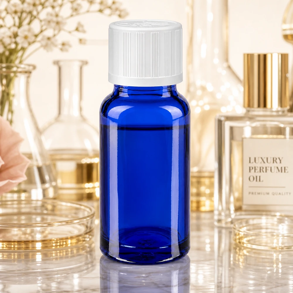 Flacon en verre bleu de 10 ml avec bouchon KiSi blanc de 11 mm pour huiles essentielles et huiles de parfum