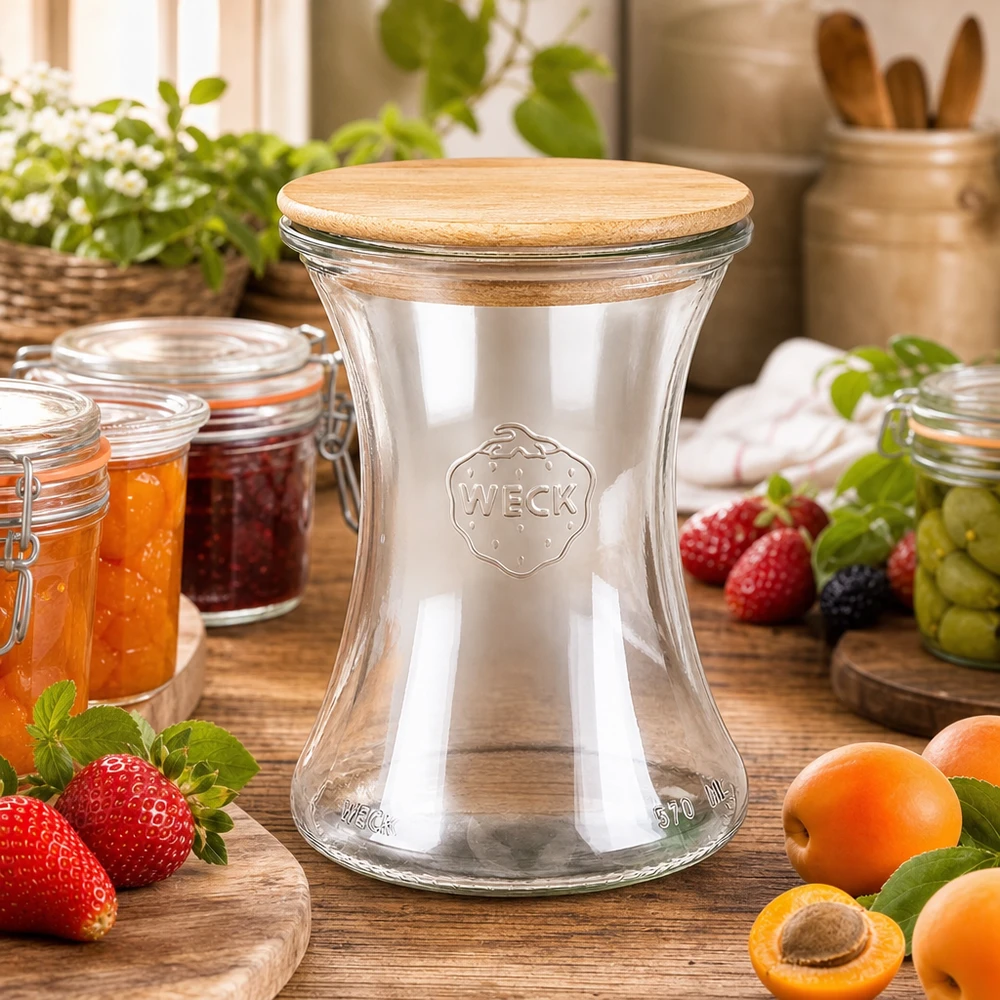 370ml WECK Pot d'épicerie fine RR80 avec couvercle en bois dans une cuisine rustique entourée de fruits frais et de pots de confiture