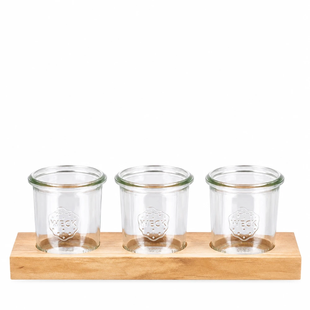 Planche de service Plano3 en bois avec 3 verres renversés WECK 140ml pour la cuisine et le rangement