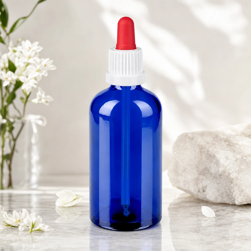 Flacon à pipette 100ml blanc/rouge OV BlueLine UT18/100 Bouteille en verre polyvalente de 100 ml bleue avec bouchon blanc - parfaite pour les cosmétiques et les sérums DIY