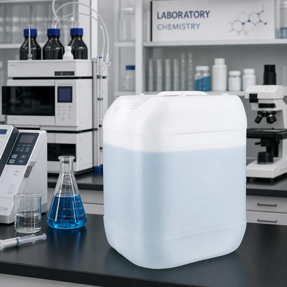 Bidon industriel rectangulaire de 20 L sans couvercle dans un environnement de laboratoire, avec un microscope et des appareils de mesure