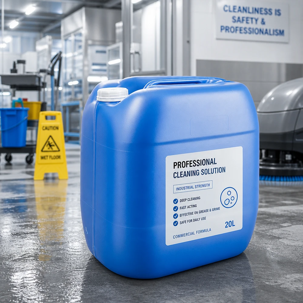 Bidon industriel bleu de 30 litres sans couvercle, posé sur un sol en béton dans un environnement de nettoyage professionnel