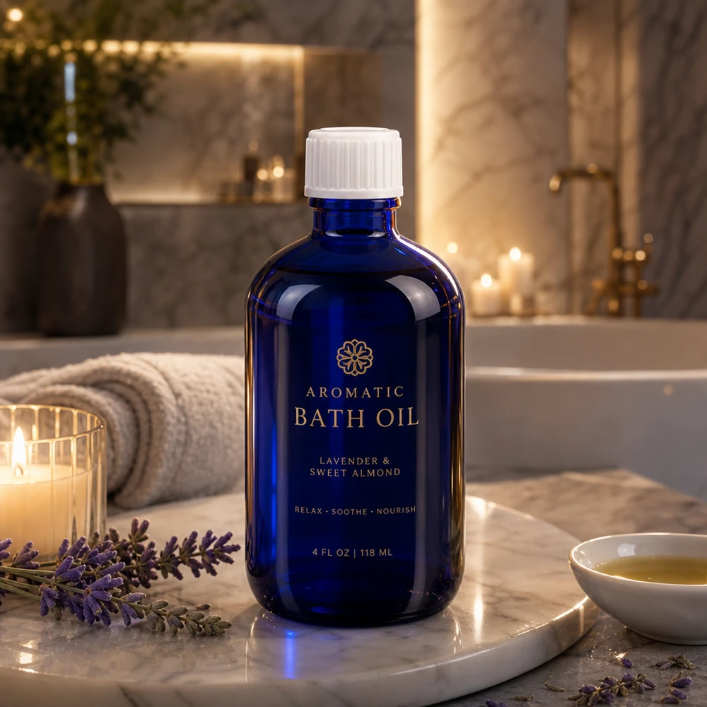 Flacon en verre bleu cobalt de 100 ml avec un bouchon blanc strié, entre des fleurs de lavande et des bougies