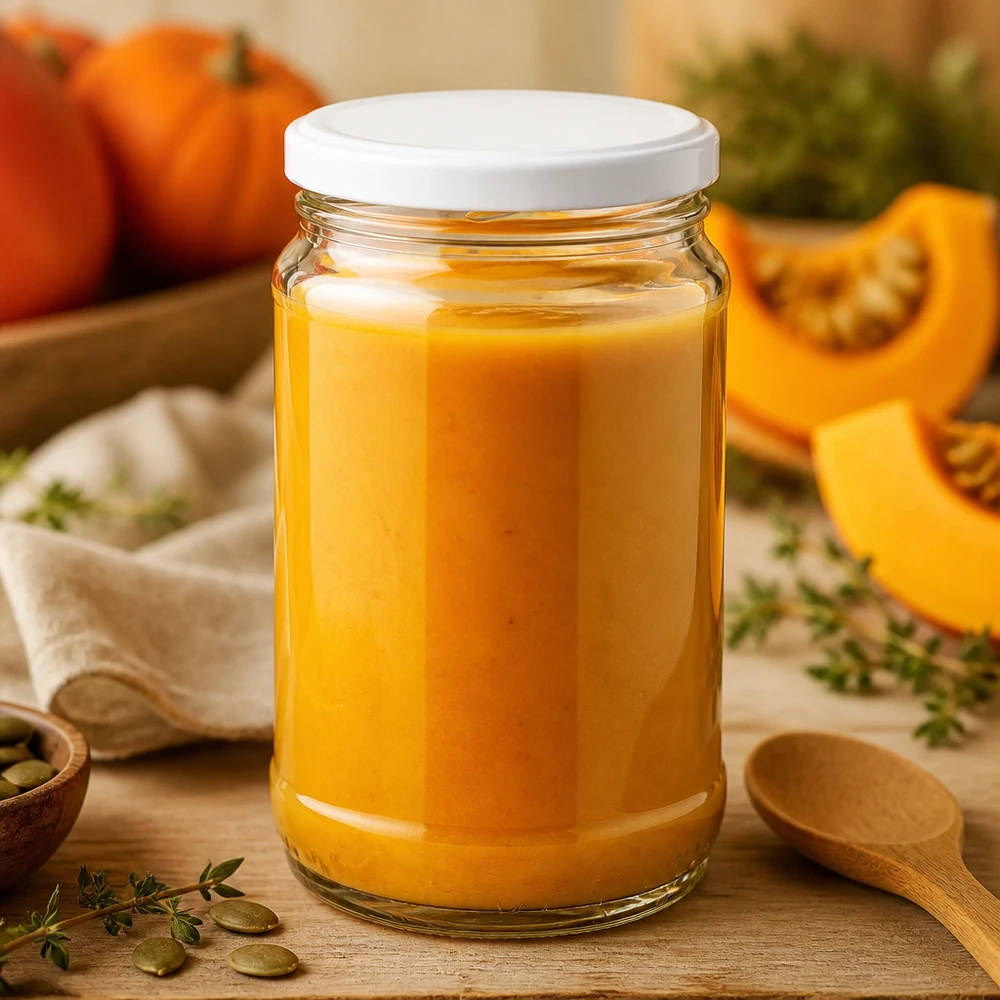 Bocal rond UNiTWIST de 370 ml avec couvercle blanc à vis BasicSeal et crème de potiron orange