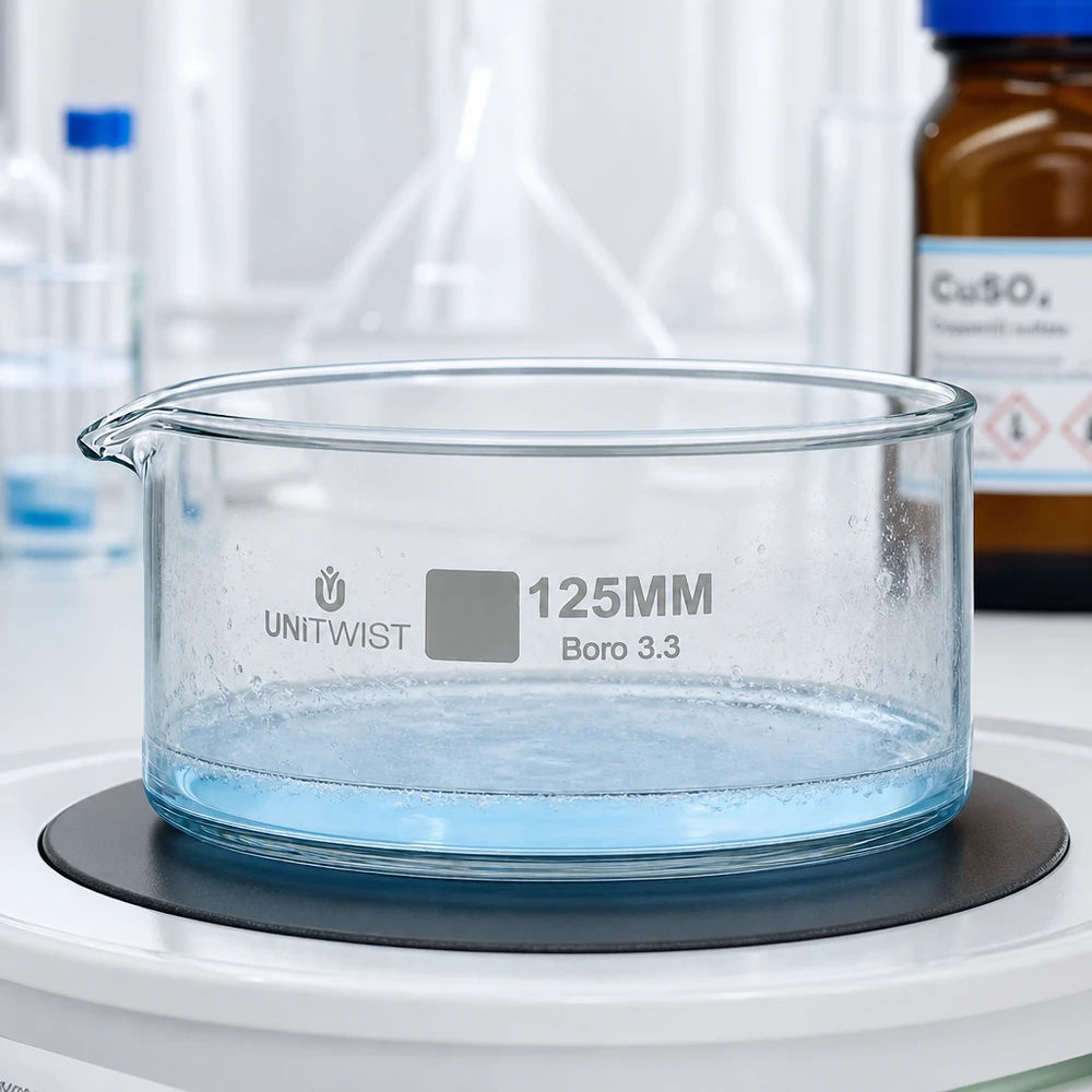 Coupelle de cristallisation plate en verre borosilicaté de 125 mm UNiTWIST Boro 3.3 sur un agitateur magnétique de laboratoire