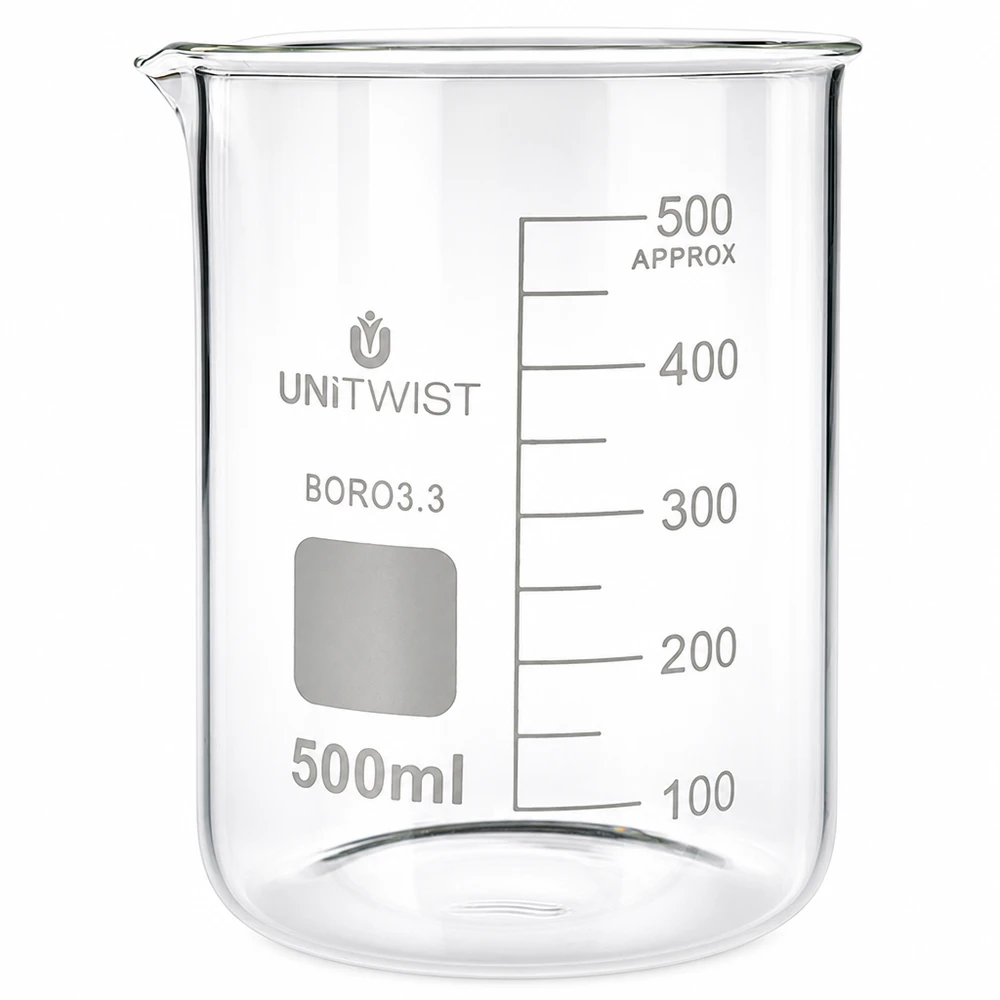 Bécher 500ml borosilicate, forme basse UNiTWIST Verre à bec transparent de 500 ml avec graduation jusqu'à 500 ml, de forme basse, en verre borosilicaté