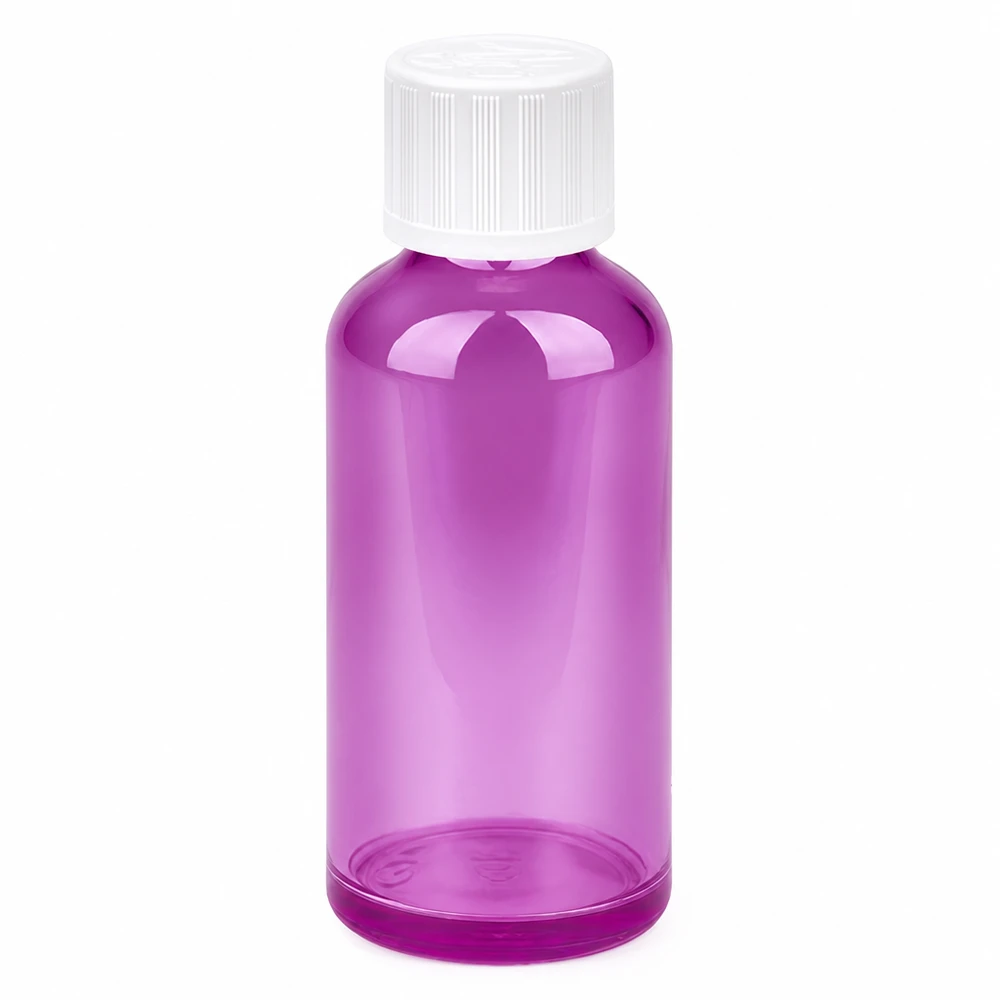 Flacon 50ml bouchon à vis 11mm blanc standard sécurité enfant PurpleLine UT18/50 Petit flacon de 50 ml au design Purple Line pour les huiles essentielles et les teintures