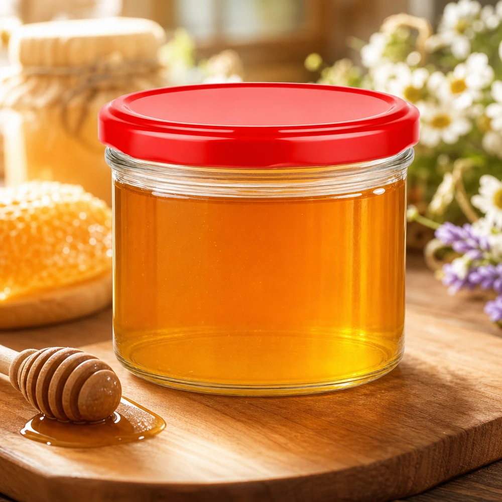 Pot cylindrique de 230 ml avec couvercle rouge rempli de miel sur planche en bois avec cuillère à miel et rayons d'abeilles