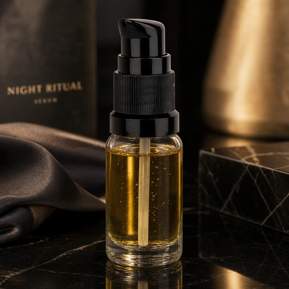 Flacon pompe transparent de 10 ml avec bouchon noir, contenant un sérum de nuit doré