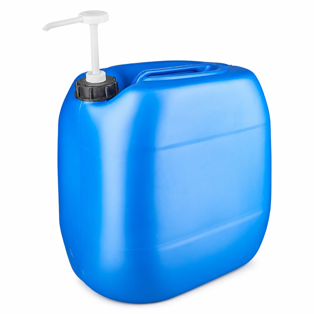 Bidon rectangulaire en PEHD de 30 L, de couleur bleue, équipé d'une pompe de distribution pratique pour les liquides