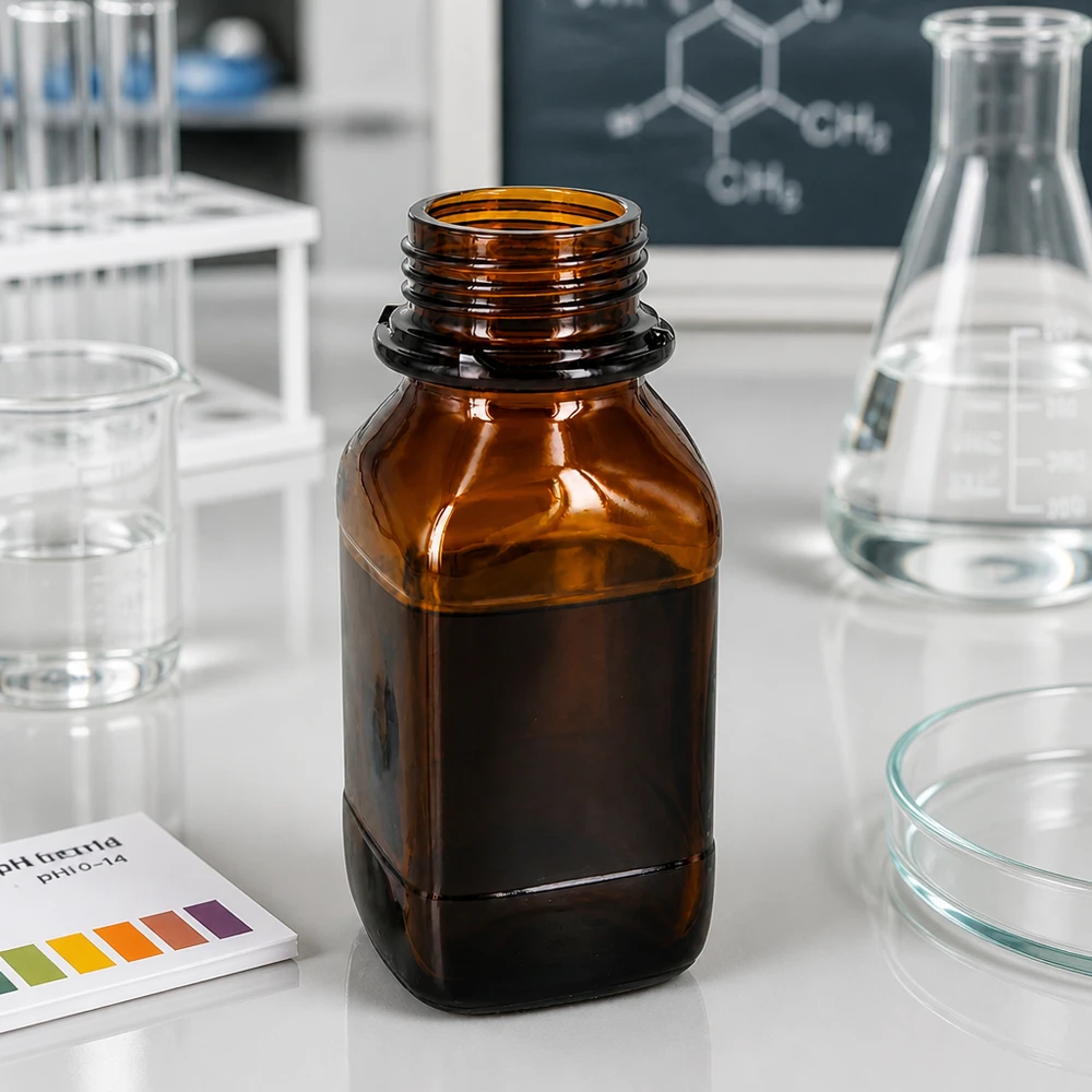 Bouteille en verre brun de 250ml de forme carrée pour le stockage sécurisé de produits chimiques en laboratoire